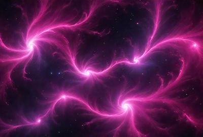 The primary subject of the image is a pink nebula, which is a swirling mass of gas and dust in space. The setting is a dark, star-filled sky, with the nebula being the main focus of the image. The visual style is a combination of a photo and digital art, creating a unique and captivating representation of the nebula. The dominant colors are pink and purple, giving the image a warm and serene atmosphere.