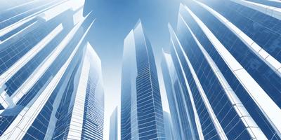 The primary subject of the image is a large building with a lot of windows. The setting is a cityscape with multiple tall buildings in the background. The visual style is a combination of photo and digital art, creating a futuristic and modern atmosphere. The colors and mood are predominantly white and blue, giving the scene a clean and sophisticated appearance.