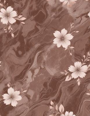 The primary subject of the image is a pattern featuring pink flowers on a brown background. The setting is a marbled surface, which adds to the visual style. The flowers are the main focus of the image, and the overall atmosphere is warm and inviting.