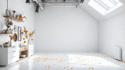 The primary subject of the image is a white room with a large white wall. The setting is a room with a white floor and a white wall. The visual style is a photo of a white room. The colors and mood of the image are predominantly white, giving it a clean and minimalistic appearance.