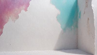 The primary subject of the image is a white wall with a blue stripe. The setting is a room with a white floor. The visual style is a photo, and the colors and mood are predominantly white and blue, creating a clean and calm atmosphere.
