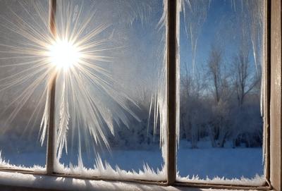 The primary subject of the image is a window with frost and ice forming on it. The setting is a winter scene with snow covering the ground outside. The visual style is a photo of the window with the frost and ice, creating a unique and artistic representation of the winter season. The colors and mood of the image are predominantly cold and icy, with the frost and ice adding a sense of beauty and tranquility to the scene.