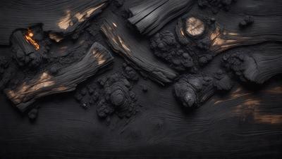 The primary subject of the image is a piece of wood with a blackened surface. The setting is a dark room, and the visual style appears to be a close-up of the wood. The colors and mood of the image are predominantly dark, with the blackened wood being the main focus.