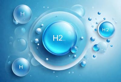 The primary subject of the image is a blue circle with the chemical symbol "H2" written on it. The setting is a blue background, and the visual style appears to be a digital art or illustration. The dominant colors are blue and white, creating a calm and soothing atmosphere.