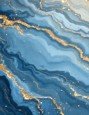 The primary subject of the image is a blue and gold swirling pattern, which appears to be a piece of art or a decorative item. The setting is a blue background, and the visual style is a combination of digital art and illustration. The dominant colors are blue and gold, creating a sense of depth and richness in the artwork.