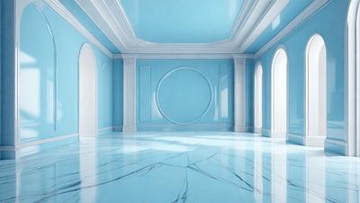 The primary subject of the image is a large, empty room with a blue color scheme. The room features a blue ceiling and blue walls, creating a serene and calming atmosphere. The setting is a large, open space with a high ceiling, giving the room a spacious and airy feel. The visual style of the image is a combination of photo and digital art, resulting in a realistic yet artistic representation of the room. The colors and mood of the image are predominantly blue, which adds to the