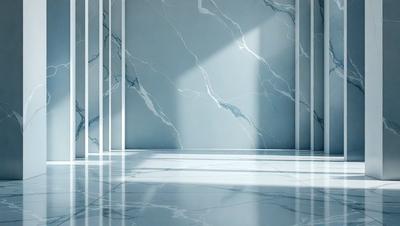 The primary subject of the image is a marble wall with a large, white marble slab. The setting is a room with a white marble floor, and the visual style is a photo. The colors and mood of the image are predominantly white, giving it a clean and elegant appearance.