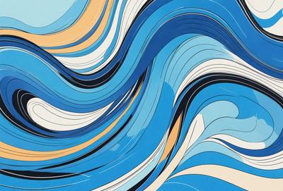 The primary subject of the image is a blue and white wave pattern. The setting is a blue and white ocean, with the waves creating a visually striking pattern. The visual style is a combination of digital art and illustration, giving the image a unique and artistic appearance. The dominant colors are blue and white, creating a calming and serene atmosphere.