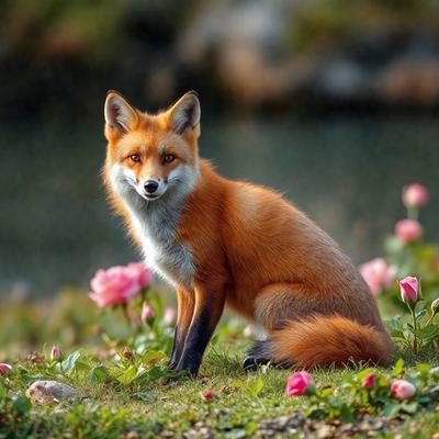 The primary subject of the image is a fox sitting in a grassy field with flowers. The setting is a natural environment, possibly a forest or a meadow. The visual style is a photo, capturing the fox in its natural habitat. The colors and mood of the image are vibrant and lively, with the fox's orange fur contrasting against the green grass and the pink flowers.