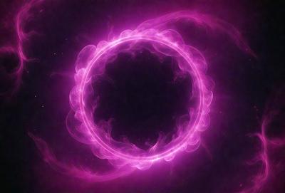 The primary subject of the image is a large, pink, swirling circle. The setting is a dark, pink background, which creates a contrasting and dramatic effect. The visual style appears to be a combination of a photo and digital art, as the circle has a distinct, swirling pattern. The colors and mood of the image are predominantly pink, giving it a vibrant and energetic atmosphere.