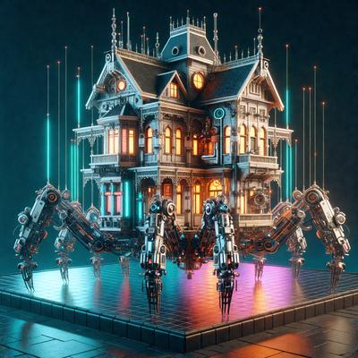 The primary subject of the image is a large, intricate, and futuristic house with a clock tower. The house is made of metal and has a unique design. The setting is a dark room, which adds to the overall mood of the image. The visual style is a combination of digital art and illustration, creating a surreal and captivating scene. The colors in the image are predominantly dark, with some neon lights adding a touch of brightness to the scene.