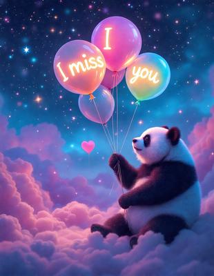 The primary subject of the image is a panda bear sitting on a cloud. The setting is a pink and blue sky, with a few stars visible. The visual style is digital art, and the colors and mood are bright, cheerful, and whimsical.