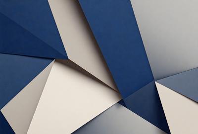 The primary subject of the image is a blue and white geometric pattern. The setting is a white wall, and the visual style is a combination of digital art and illustration. The dominant colors are blue and white, creating a calm and soothing atmosphere.