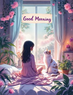 The primary subject of the image is a woman sitting on a bed, accompanied by a cat. The setting is a cozy, intimate space with a bed and a window. The visual style is a digital art or illustration, creating a warm and inviting atmosphere. The colors are predominantly pink, which adds to the overall mood of the scene.