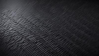 The primary subject of the image is a black and white patterned surface, which appears to be a textured material or a patterned fabric. The setting is a black background, which contrasts with the patterned surface. The visual style of the image is a close-up of the patterned surface, showcasing its intricate details. The colors and mood of the image are predominantly black and white, giving it a classic and timeless appearance.
