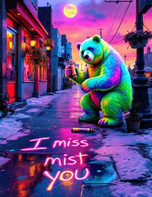 The primary subject of the image is a large, colorful bear. The bear is standing on a sidewalk, holding a bottle in its paws. The setting is a city street with a potted plant nearby. The visual style of the image is digital art, with the bear and its surroundings being depicted in a vibrant and creative manner. The colors and mood of the image are lively and cheerful, with the bear's bright colors and the overall atmosphere of the scene being uplifting and