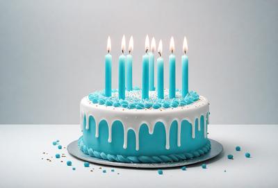 The primary subject of the image is a birthday cake with candles. The cake is decorated with blue frosting and has a white background. The candles are lit, creating a warm and celebratory atmosphere. The visual style of the image is a close-up of the cake, highlighting its details and making it the focal point of the scene. The colors and mood of the image are predominantly blue and celebratory, as the cake is a centerpiece for a birthday celebration