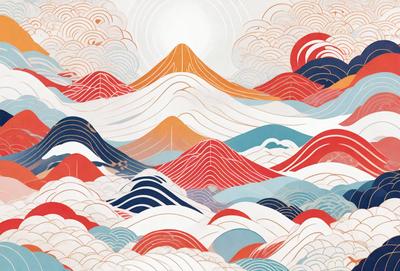 The primary subject of the image is a mountainous landscape with a sun shining on it. The setting is a cloudy sky, and the visual style is a combination of digital art and illustration. The colors and mood of the image are predominantly blue, red, and orange, creating a vibrant and dynamic atmosphere.