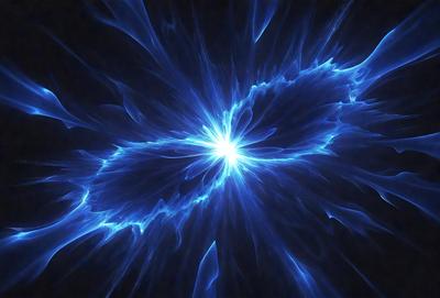 The primary subject of the image is a blue light, which appears to be a bright, glowing, and swirling mass. The setting is a dark background, which contrasts with the bright blue light. The visual style of the image is a combination of a photo and digital art, as it captures the vibrant colors and swirling patterns of the blue light. The colors and mood of the image are predominantly blue, creating a sense of depth and intensity.