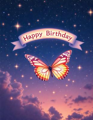 Happy Birthday: [The main object, scene, or focus of the image is a butterfly with the words "Happy Birthday" written above it. The setting is a night sky with stars, and the visual style is a digital art or illustration. The dominant colors are pink and purple, creating a warm and celebratory atmosphere.]