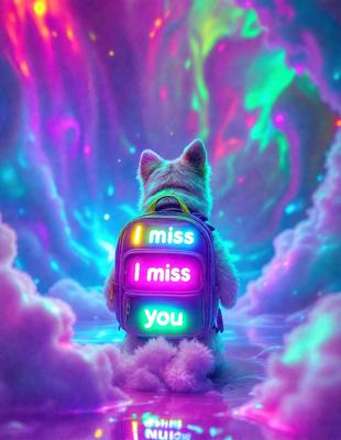The primary subject of the image is a cat wearing a backpack. The cat is standing in a colorful, neon-lit environment, which gives the scene a vibrant and lively atmosphere. The visual style of the image is a combination of photo and digital art, creating a unique and eye-catching representation of the cat and its surroundings. The dominant colors in the image are neon pink, blue, and purple, which contribute to the overall mood of the scene.