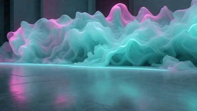 The primary subject of the image is a large, colorful, and abstract artwork displayed on a wall. The artwork features a combination of blue, pink, and green colors, creating a vibrant and lively atmosphere. The setting is a room with a hardwood floor, which serves as the background for the artwork. The visual style of the image is a mix of digital art and illustration, giving it a unique and creative appearance.