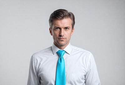 The primary subject of the image is a man wearing a white shirt and a turquoise tie. He is looking directly at the camera, giving the impression of a confident and professional appearance. The setting appears to be a plain white background, which helps to focus the viewer's attention on the man and his attire. The visual style of the image is a close-up portrait, capturing the man's facial expression and the details of his clothing. The colors in the image are predominantly white and