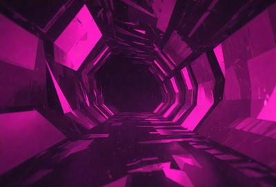 The primary subject of the image is a large, pink, three-dimensional structure that resembles a tunnel or a spiral. The setting is a dark, purple background that contrasts with the bright pink structure. The visual style is a combination of digital art and illustration, creating a unique and eye-catching design. The colors and mood of the image are predominantly pink and purple, giving it a vibrant and whimsical atmosphere.
