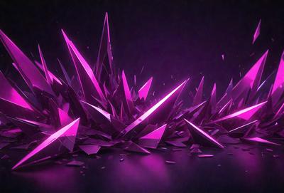 The primary subject of the image is a collection of purple crystals or glass pieces, which are scattered across a black background. The visual style of the image is digital art, as it appears to be a computer-generated or manipulated scene. The colors and mood of the image are predominantly purple, creating a sense of mystery or intrigue.