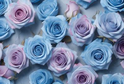 The primary subject of the image is a bouquet of blue and purple roses. The setting is a table, and the visual style is a close-up of the flowers. The dominant colors in the image are blue and purple, creating a calm and serene atmosphere.