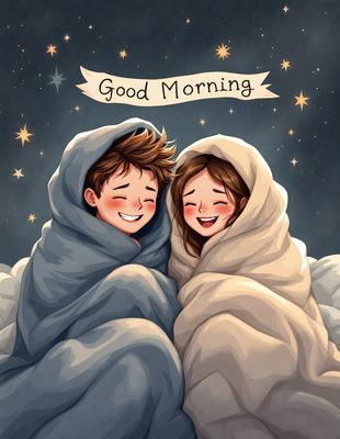 The image features a boy and a girl huddled together under a blanket, smiling and enjoying their time together. They are both wearing white hoodies, which adds to the warm and cozy atmosphere of the scene. The setting appears to be a nighttime sky, with stars visible in the background. The visual style of the image is a combination of digital art and illustration, creating a charming and heartwarming scene.