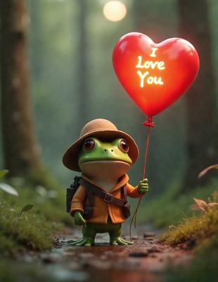 The primary subject of the image is a small green frog holding a red heart-shaped balloon. The setting is a forest, with trees visible in the background. The visual style is a digital illustration, giving the image a whimsical and playful atmosphere. The colors are predominantly green and red, with the red heart-shaped balloon standing out against the green frog and forest background.