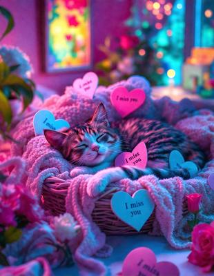 The primary subject of the image is a cat lying on a bed. The cat is surrounded by a variety of hearts, which are likely decorations or part of a display. The setting appears to be a cozy and intimate space, with the cat resting comfortably on the bed. The visual style of the image is a combination of a photo and digital art, creating a unique and eye-catching scene. The dominant colors in the image are pink and white, which contribute to a warm and inviting atmosphere.