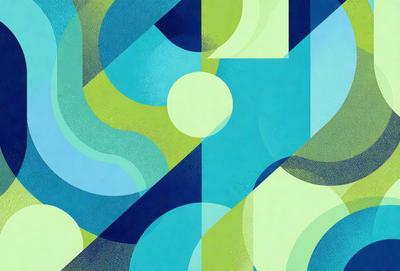 The primary subject of the image is a colorful, abstract design featuring a mix of blue, green, and yellow colors. The setting is a blue and green background, which complements the vibrant colors of the design. The visual style is a combination of digital art and illustration, creating a unique and eye-catching pattern. The overall atmosphere is lively and energetic, with the colorful design capturing the viewer's attention.