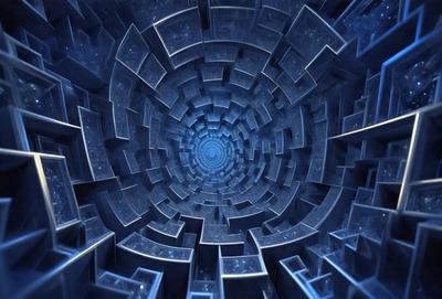 The primary subject of the image is a large, intricate, and colorful spiral pattern. The spiral is made up of multiple layers, giving it a complex and visually striking appearance. The setting is a dark, blue-toned environment, which contrasts with the vibrant colors of the spiral. The visual style of the image is a combination of digital art and illustration, creating a unique and captivating piece of art. The colors and mood of the image are predominantly dark and moody,