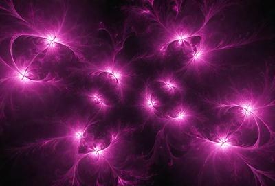 The primary subject of the image is a purple background with a pattern of bright pink circles. The setting appears to be a dark room, and the visual style is a combination of digital art and illustration. The dominant colors are purple and pink, creating a vibrant and lively atmosphere.