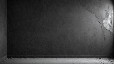 The primary subject of the image is a black wall with a crack in it. The setting is a room with a wooden floor. The visual style is a black and white photo. The dominant colors are black and white, creating a moody atmosphere.