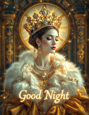 The primary subject of the image is a woman wearing a crown and jewelry, with a golden gown. She is the main focus of the image. The setting is a room with a wall that has a golden design. The visual style is a digital art, illustration, or drawing. The colors and mood of the image are warm and elegant, with a touch of royalty.