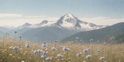 The primary subject of the image is a field of flowers, with a mountain range in the background. The setting is a grassy field with a mountain range visible in the distance. The visual style is a painting, which creates a serene and natural atmosphere. The dominant colors are shades of blue and white, which are prevalent in the flowers and the sky.