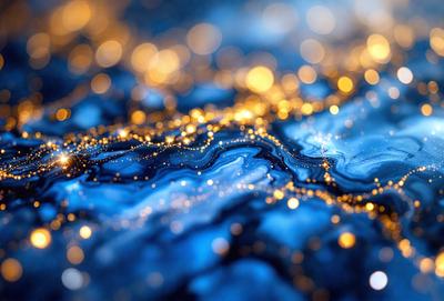 The primary subject of the image is a blue background with a pattern of yellow lights. The setting appears to be a dark, starry night, with the yellow lights creating a sense of depth and contrast. The visual style of the image is a combination of digital art and illustration, as the yellow lights are created through a pattern of dots. The colors and mood of the image are predominantly blue and dark, with the yellow lights adding a touch of warmth and brightness to the scene.
