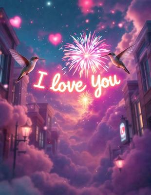 The primary subject of the image is a heart-shaped sign that reads "I Love You." The setting is a cloudy sky, and the visual style is digital art. The colors are predominantly pink, creating a warm and loving atmosphere.