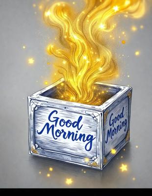 The primary subject of the image is a box with the words "Good Morning" written on it. The box is placed on a surface with a star pattern. The setting appears to be a creative and artistic environment, possibly a drawing or illustration. The visual style is a combination of digital art and illustration, giving the image a unique and personal touch. The colors and mood of the image are predominantly warm and inviting, with the star pattern adding a touch of whimsy and playfulness.