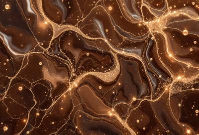 The primary subject of the image is a close-up of a marbled surface, possibly a piece of wood or a marble table. The setting is a dark room, and the visual style appears to be a combination of a photo and digital art. The colors and mood of the image are predominantly dark, with a few bright spots of light, creating a moody and dramatic atmosphere.