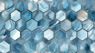 The primary subject of the image is a blue and white marbled tile pattern. The setting is a blue and white marbled tile, which serves as the background. The visual style is a pattern, and the colors and mood are predominantly blue and white, creating a calm and serene atmosphere.