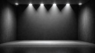 The primary subject of the image is a black stage with a spotlight shining on it. The setting is a dark room, and the visual style is a black and white photo. The colors and mood of the image are predominantly dark and dramatic, creating a sense of mystery and intensity.