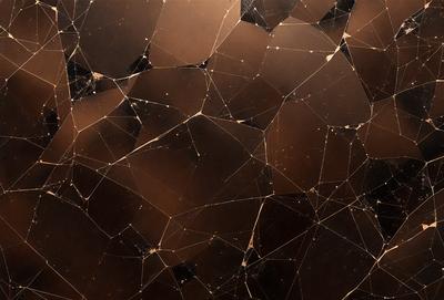 The primary subject of the image is a close-up of a patterned surface, which appears to be a combination of a mirror and a glass surface. The setting is a dark room, and the visual style is a mix of digital art and illustration. The dominant colors in the image are black and brown, creating a moody atmosphere.