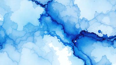 The primary subject of the image is a blue watercolor painting featuring a blue sky with white clouds. The setting is a blue background, and the visual style is a watercolor painting. The dominant colors are blue and white, creating a serene and calming atmosphere.