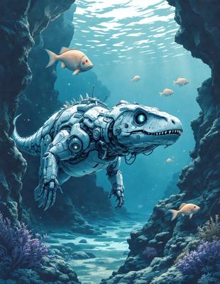 Primary subject: A robotic fish with a face and a mouth, swimming in the ocean.

Setting/background: The robotic fish is swimming in the ocean, surrounded by other fish.

Visual style: The image is a digital art illustration.

Colors and mood: The colors are predominantly blue, with some orange and white accents. The mood is calm and serene, as the robotic fish swims peacefully in the ocean.