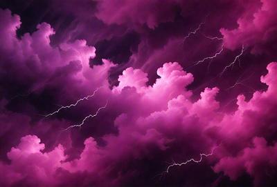 The primary subject of the image is a purple cloud with lightning bolts, creating a dramatic and intense atmosphere. The setting is a dark sky, which contrasts with the vibrant purple hue of the cloud. The visual style is a combination of photo and digital art, as the cloud appears to be a digital manipulation of a natural scene. The colors and mood convey a sense of power and energy, with the purple cloud and lightning bolts symbolizing the raw force of nature.