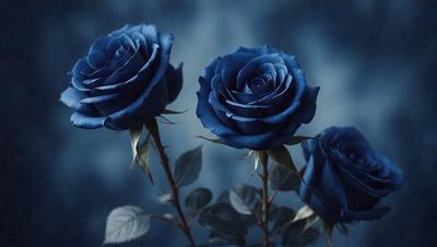 The primary subject of the image is a bouquet of blue roses. The setting is a dark blue background, which creates a dramatic and moody atmosphere. The visual style is a photo, capturing the beauty of the blue roses in their natural environment. The colors and mood of the image are predominantly dark blue, with the blue roses standing out as the focal point.
